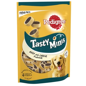 Pedigree Tasty Minis dog treats in a fresh pack, featuring beef and cheese flavor, with a golden retriever on the front.
