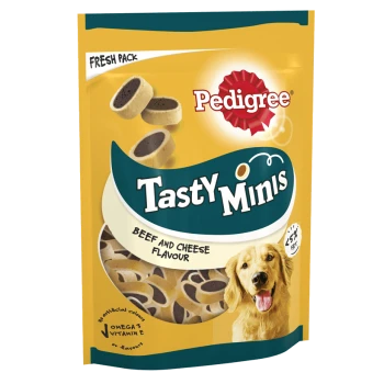 Pedigree Tasty Minis dog treats in a fresh pack, featuring beef and cheese flavor, with a golden retriever on the front.