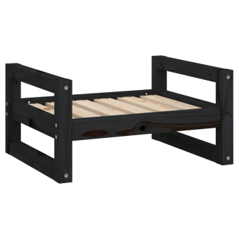 Schwarzes Holzhaustierbett mit slatted Basis, mit einem stabilen Rahmen und offenen Seiten für einfachen Zugang.