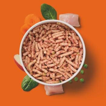Eine weiße Schüssel gefüllt mit Haustierfutter, das kleinen, rosafarbenen Stäbchen ähnelt, umgeben von frischen Zutaten wie Karotten, Spinat, Apfelscheiben und Hähnchen.