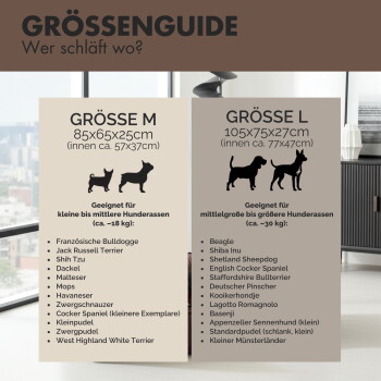 Braunes Haustierbett mit gerippter Textur, mit erhöhten Kanten für Komfort. Größenoptionen: M (80x60 cm) und L (100x70 cm). PAW WOW-Logo.