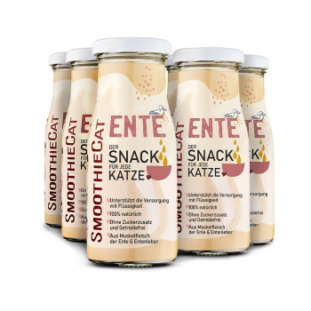 SmoothieCat Entensnack für Katzen in Glasflaschen, beschriftet mit "ENTEE der SNACK für jede KATZE," der 100 % natürliche Zutaten hervorhebt.