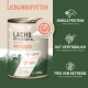 Dose Hundefutter mit der Aufschrift 'OFFENE DEKLARATION' und '76% FISCH und Fischbrühe'; listet 10% Kohlenhydrate, 7% Gemüse, 5% Obst.