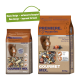 Twee zakken van "Premiere I Love My Garden" gourmet eekhoornmix met een eekhoorn afbeelding, met de tekst "Nieuw ontwerp - verbeterde formule!"