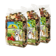 Drei Beutel JR FARM Ratatouille Haustierfutter, mit bunten getrockneten Gemüse und einem Cartoon-Hasen auf dem Etikett.