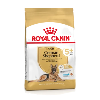 Royal Canin Adult German Shepherd dog food bag, suitable for dogs over 5 years, featuring a golden design and health claims.