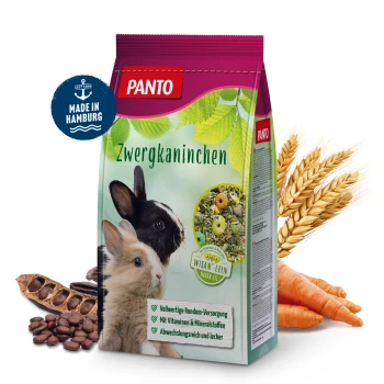 PANTO Zwergkaninchen Haustierfutterbeutel mit einem schwarz-weißen Kaninchen und einem hellbraunen Kaninchen, mit Körnern, Karotten und Kakaoschoten im Hintergrund.