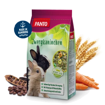 PANTO Zwergkaninchen Haustierfutterbeutel mit einem schwarz-weißen Kaninchen und einem hellbraunen Kaninchen, mit Körnern, Karotten und Kakaoschoten im Hintergrund.