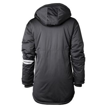 Eine schwarze Haustierjacke mit Kapuze, mit reflektierenden Streifen an den Ärmeln, von hinten gezeigt.