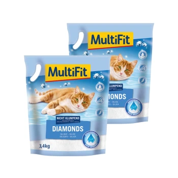diamonds 2x8 l Zwei Pakete MultiFit Katzenstreu mit der Aufschrift "Diamonds", mit einer entspannten orangefarbenen Tabby-Katze, 3,4 kg, nicht klumpend, auf Silikabasis.