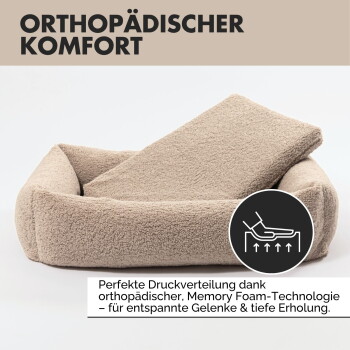 Orthopädisches Haustierbett in Beige mit einem geneigten Design, das Texte über perfekte Druckverteilung und Memory-Schaum-Technologie zur Entspannung der Gelenke enthält.