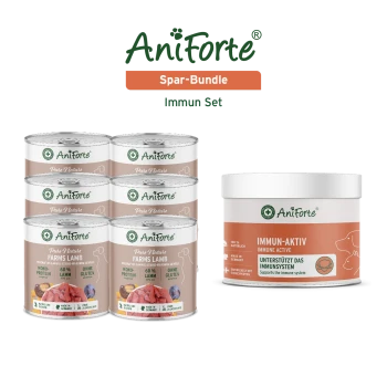 AniForte Spar-Bundle: sechs Farms Lamb-Dosen und ein Glas IMMUN-AKTIV, beschriftet 'Immun Set'