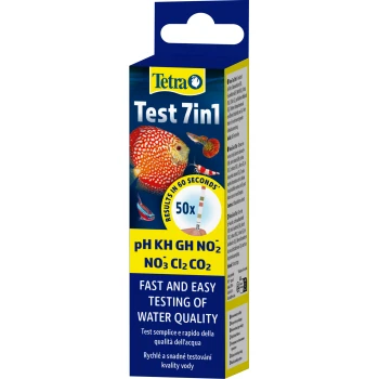 Tetra Test 7in1 Aquarien-Teststreifen Verpackung mit Fischbildern, Ergebnisse in 60 Sekunden, 50 Stück; testet pH, KH, GH, NO2, NO3, Cl2, CO2.