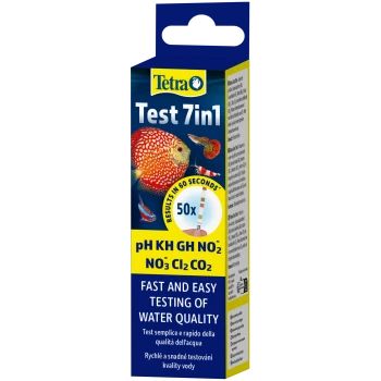 Tetra Test 7in1 Aquarien-Teststreifen Verpackung mit Fischbildern, Ergebnisse in 60 Sekunden, 50 Stück; testet pH, KH, GH, NO2, NO3, Cl2, CO2.
