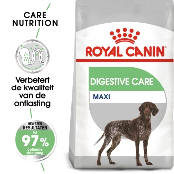 Royal Canin Digestive Care hondenvoederzak met een bruine hond, met tekst die de verbeterde ontlastingkwaliteit en 97% optimale resultaten benadrukt.