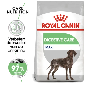Royal Canin Digestive Care hondenvoederzak met een bruine hond, met tekst die de verbeterde ontlastingkwaliteit en 97% optimale resultaten benadrukt.