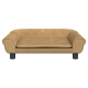 Ein stilvolles, tanfarbenes Haustiersofa mit abgerundeten Armen und Knopfdetails, ausgestattet mit einem plüschigen Kissen und stabilen schwarzen Beinen.