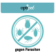 Logo von opti pet mit einer kreisförmigen Grafik, die verschiedene Schädlinge (Zecken, Flöhe, Milben) durchgestrichen zeigt, und dem Text "gegen Parasiten" darunter.