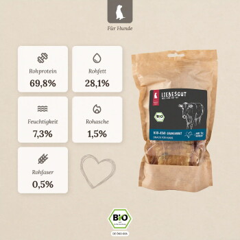 Liebesgut BIO Rind Hundesnacks in brauner Tüte ('Für Hunde') mit Kuh-Grafik; zeigt Rohprotein 69,8%, Rohfett 28,1%