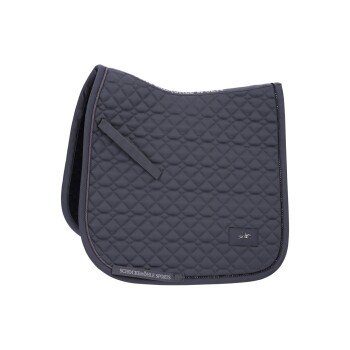 Dunkelgraue, gesteppten Satteldecke mit einem Logo und der Marke "SCHOCKEMÖHLE SPORTS" entlang des Randes.