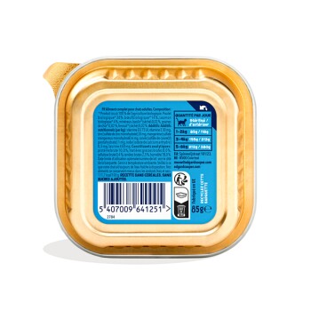 Emballage de nourriture humide pour chat avec une étiquette bleue détaillant les ingrédients, les directives d'alimentation, et les informations nutritionnelles, taille 85g.