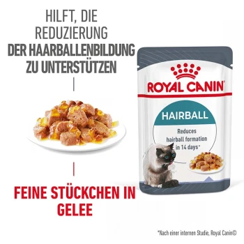 FCN Hairball Care Jelly 12x85 g Royal Canin Hairball Katzenfutterbeutel mit einem Teller feiner Stücke in Gelee, mit Text über die Reduzierung der Haarballenbildung in 14 Tagen.