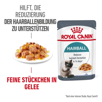 Royal Canin Hairball Katzenfutterbeutel mit einem Teller feiner Stücke in Gelee, mit Text über die Reduzierung der Haarballenbildung in 14 Tagen.