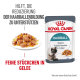 Royal Canin Hairball Katzenfutterbeutel mit einem Teller feiner Stücke in Gelee, mit Text über die Reduzierung der Haarballenbildung in 14 Tagen.