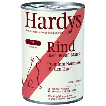 Dose Hardys Hundefutter mit Rindfleisch, gekennzeichnet mit "100% Rind", mit Text auf Deutsch, der sagt "Premium Naturkost für den Hund."