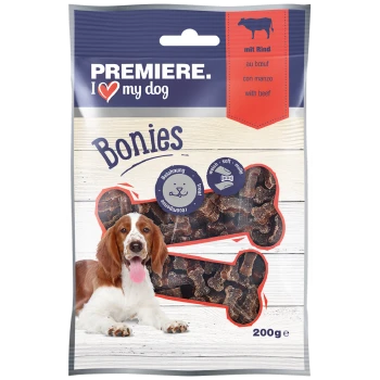 Un paquet de 200 g de friandises pour chiens "Premiere. I love my dog" étiqueté "Bonies" avec des images de friandises en forme d'os et de saveur de bœuf.