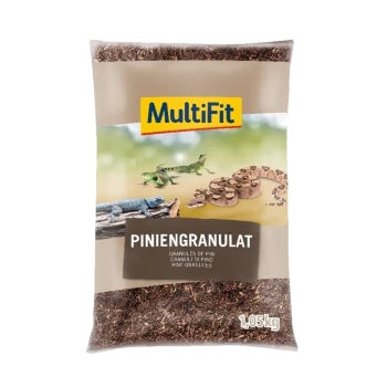 A 1.05 kg bag of MultiFit pine granules for reptiles, featuring lizards and a snake on a natural background.