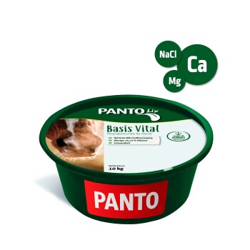 PANTO Mineralleckstein für Pferde in einem 10 kg Behälter, mit einem Bild eines braunen Pferdes, Nährwertangaben und dem Etikett "Hergestellt in Hamburg."