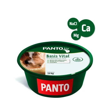 PANTO Mineralleckstein für Pferde in einem 10 kg Behälter, mit einem Bild eines braunen Pferdes, Nährwertangaben und dem Etikett "Hergestellt in Hamburg."