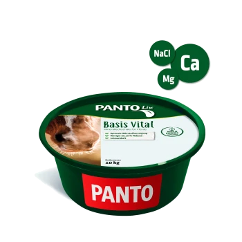 PANTO Mineralleckstein für Pferde in einem 10 kg Behälter, mit einem Bild eines braunen Pferdes, Nährwertangaben und dem Etikett "Hergestellt in Hamburg."