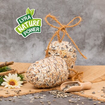 Zwei runde Vogelfutterspender aus Samen, mit Schnur an Jute gebunden, mit verstreuten Sonnenblumenkernen und dem Logo "LYRA NATURE POWER" in der Ecke.
