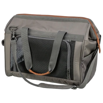 Grau tragbare Haustiertasche mit Netzpaneelen, doppelten Griffen und einem Schultergurt, entworfen für den Transport kleiner Haustiere.