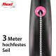 Schwarze Hundeleine mit einem rosa Griff, mit einem 3 Meter hochfesten Seil, beschriftet mit "3 Meter hochfestes Seil."
