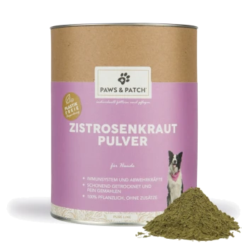 PAWS & PATCH Dose mit Aufschrift "ZISTROSENKRAUT PULVER (für Hunde)", lila Etikett mit Hundefoto und einem Haufen grünem Pulver