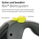 Bild eines flexi® Bremssystems für Hundeleinen, das einen gelben Bremsknopf und einen Stoppknopf zeigt, mit Text, der die Sicherheit und Zuverlässigkeit hervorhebt.
