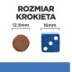 Obrazek porównujący rozmiar krokieta karmy dla zwierząt (12,5 mm) obok niebieskiej kostki (16 mm), z tekstem "ROZMIAR KROKIETA" powyżej.