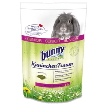 Bunny KaninchenTraum Senioren-Kaninchenfutterverpackung mit einem grauen Kaninchen auf der Vorderseite, gekennzeichnet für Kaninchen über 6 Jahre alt.
