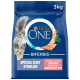 Sac Purina ONE Bifensis 3 kg avec chat gris à poil long et image de saumon ; texte : 'Spécial chat stérilisé, Saumon ingr. n°1'.