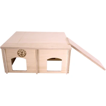 Holzkaninchenhaus mit zwei Öffnungen und einem klappbaren Dach, mit einem Kaninchenlogo auf der Vorderseite.