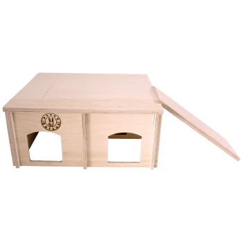 Holzkaninchenhaus mit zwei Öffnungen und einem klappbaren Dach, mit einem Kaninchenlogo auf der Vorderseite.