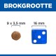 Afbeelding die de grootte van een huisdierenvoerkorrel (9 x 3,5 mm) vergelijkt met een blauwe dobbelsteen (16 mm), met de titel 'BROKGROOTTE' bovenaan.