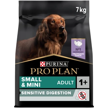 Purina Pro Plan Small & Mini Adult Hundefutter, 7 kg Beutel, gekennzeichnet für empfindliche Verdauung mit Truthahn als Hauptzutat.
