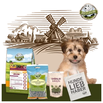 BELLEFOR Haustierprodukte: Hundefutterbeutel, "LANDGUT-HAPPEN" Leckerlis, "SHIMUN IMMUN" Ergänzungsmittel und eine Tragetasche mit "HUNDE LIEB HABER." Ländlicher Hintergrund.