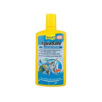 Tetra AquaSafe water conditioner bottle with a yellow label, promoting clear water and fish safety, featuring images of fish.