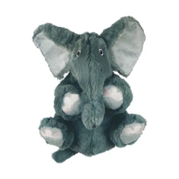 Plush toy elephant with large ears, a soft green body, and embroidered paws, sitting upright with a friendly expression.