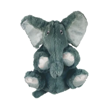 Plush toy elephant with large ears, a soft green body, and embroidered paws, sitting upright with a friendly expression.